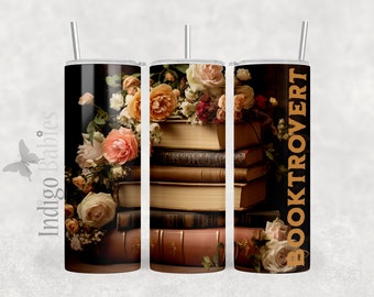 Booktrovert Stack of Books 20 oz Skinny Tumbler Sublimation Design Digital Download PNG Instant DIGITAL ONLY, Rococo Floral Tumbler