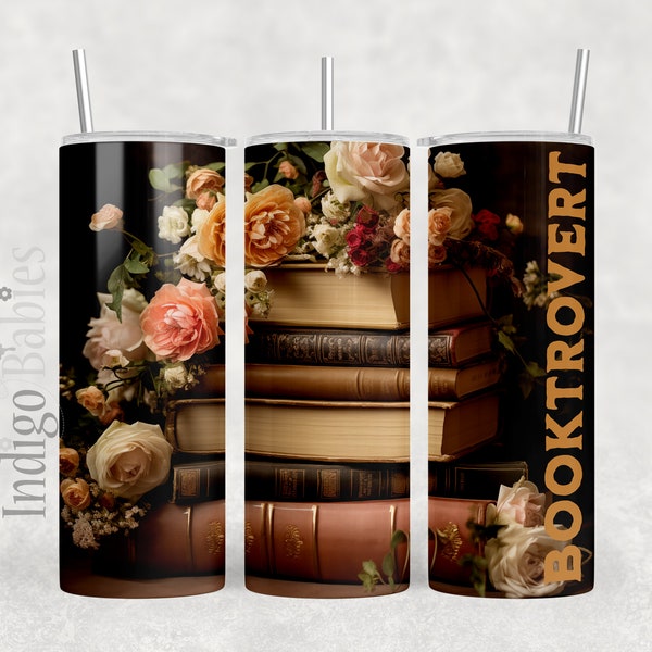 Booktrovert Stack of Books 20 oz Skinny Tumbler Sublimation Design Digital Download PNG Instant DIGITAL ONLY, Rococo Floral Tumbler