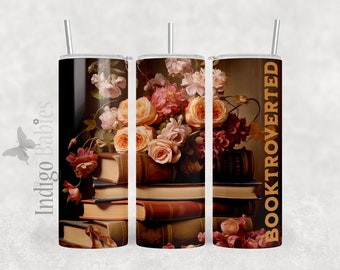 Booktroverted Stack of Books 20 oz Skinny Tumbler Sublimation Design Digital Download PNG Instant DIGITAL ONLY, Rococo Floral Tumbler