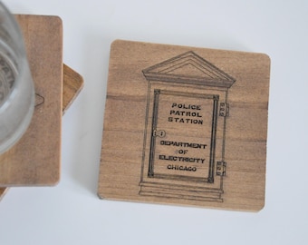 Old school Chicago Police call box wood coasters set of 4 laser engraved.