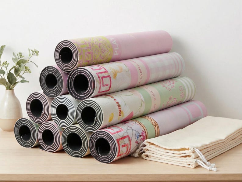 May include: A stack of rolled yoga mats in various pastel colors, including pink and green, with floral and geometric patterns. A stack of beige drawstring bags sits to the right. The mats are arranged on a light wooden surface.
