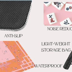 May include: A pink and orange patterned mat with the words "Anti-Slip", "Noise Reduction", "Light-Weight", "Waterproof", and "Storage Bag". The mat has a black, textured underside and comes with a black carrying bag.