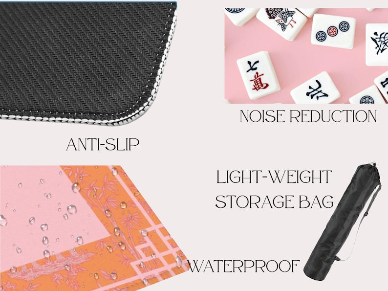 May include: A pink and orange patterned mat with the words "Anti-Slip", "Noise Reduction", "Light-Weight", "Waterproof", and "Storage Bag". The mat has a black, textured underside and comes with a black carrying bag.