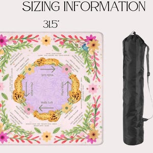 May include: A square game mat with a light pink background, floral border, and four cheetah illustrations arranged in a circle with text instructions. The mat measures 31.5 inches and includes a black cylindrical carrying bag measuring 33.5 inches.
