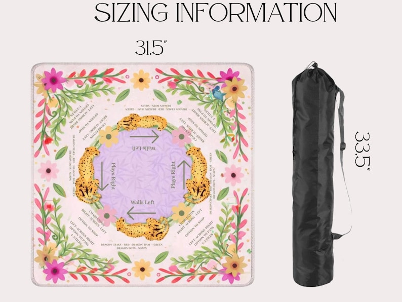 May include: A square game mat with a light pink background, floral border, and four cheetah illustrations arranged in a circle with text instructions. The mat measures 31.5 inches and includes a black cylindrical carrying bag measuring 33.5 inches.