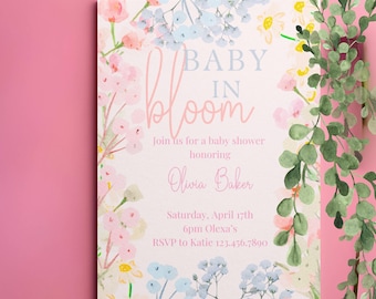 Wildflower Baby Shower Invitation: Blue Floral Design (5x7, PDF or JPEG)