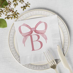 Pink Bow Baby Shower Napkins | Personalized Baby Bow Ribbon Shower White Dessert Luncheon Napkins Baby Girl in Light Pink ink | Set of 50