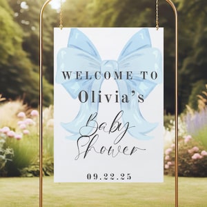 Editable Blue Bow Baby Shower Welcome Sign Canva Template Blue Coquette Baby Shower Entrance Sign Template Blue Ribbon Minimal 18x24 & 24x36