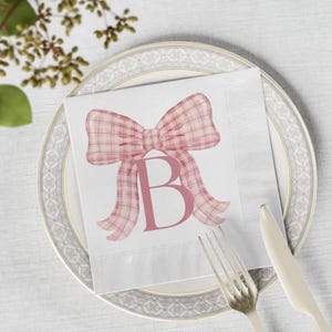 Pink Plaid Bow Baby Shower Napkins | Personalized Baby Bow Ribbon Shower White Luncheon Napkins Baby Girl in Light Pink ink | Set of 50