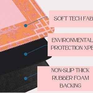 May include: Close-up of a layered product with a pink top layer featuring an orange floral design. The layers include "SOFT TECH FABRIC", "ENVIRONMENTAL PROTECTION XPE", and "NON-SLIP THICK RUBBER FOAM BACKING". The bottom layer is black.