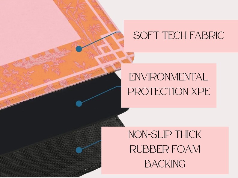 May include: Close-up of a layered product with a pink top layer featuring an orange floral design. The layers include "SOFT TECH FABRIC", "ENVIRONMENTAL PROTECTION XPE", and "NON-SLIP THICK RUBBER FOAM BACKING". The bottom layer is black.