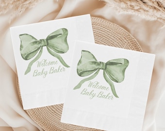 Sage Green Bow Baby Shower Napkins: Personalized Set of 50