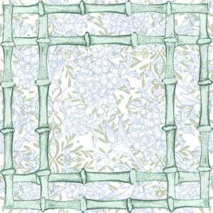 Puede incluir: Ilustración en acuarela con un marco de bambú verde, que encierra un patrón floral. El patrón incluye flores azules y blancas, hojas verdes y pájaros. El diseño tiene una estética vintage y botánica.
