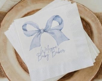Gepersonaliseerde blauwe babyshowerservetten met strik - set van 50