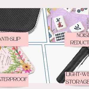 May include: A four-panel collage showing a black anti-slip mat texture, white mahjong tiles on a purple surface for noise reduction, a floral patterned waterproof mat, and a black light-weight storage bag with a carrying strap.