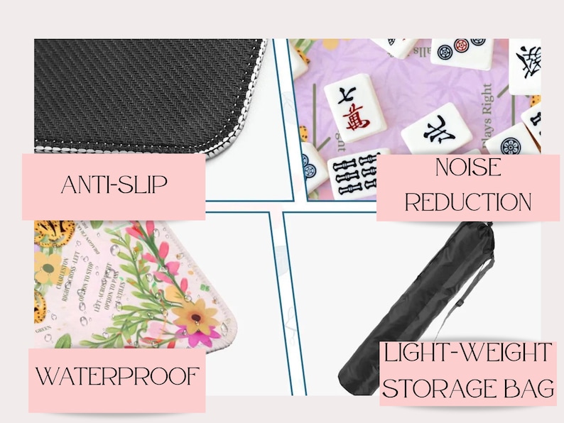 May include: A four-panel collage showing a black anti-slip mat texture, white mahjong tiles on a purple surface for noise reduction, a floral patterned waterproof mat, and a black light-weight storage bag with a carrying strap.