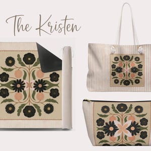 May include: A set of items with a floral design, including a tote bag, a cosmetic bag, and a mat. The design features black flowers, peach-coloured fruit, and green leaves on a beige background with vertical stripes. The text "The Kristen" is in the upper left.