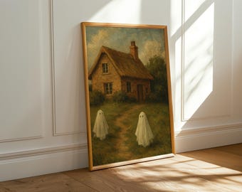 May include: A framed vintage-style print featuring a quaint cottage with a thatched roof and two ghostly figures on a path. The artwork has a warm color palette with a focus on the house and the ethereal ghosts.
