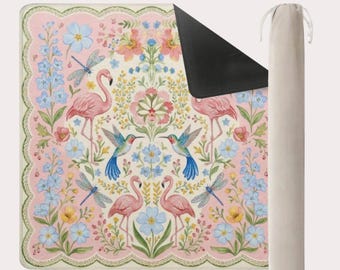 The "La La" Flamingo Garden Mahjong Mat – Pink & Blue Floral | Portable Game Mat