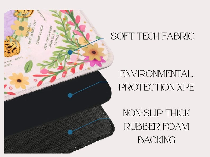 May include: A layered product with a floral design on the top layer. The top layer has a white background with colorful flowers and green leaves. The middle layer is black, and the bottom layer is a non-slip rubber foam backing.