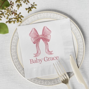 Classic Pink Bow / Classic Font Pink Bow Baby Shower Napkins | Personalized Baby Bow Ribbon Shower White Luncheon Napkins | Set of 50