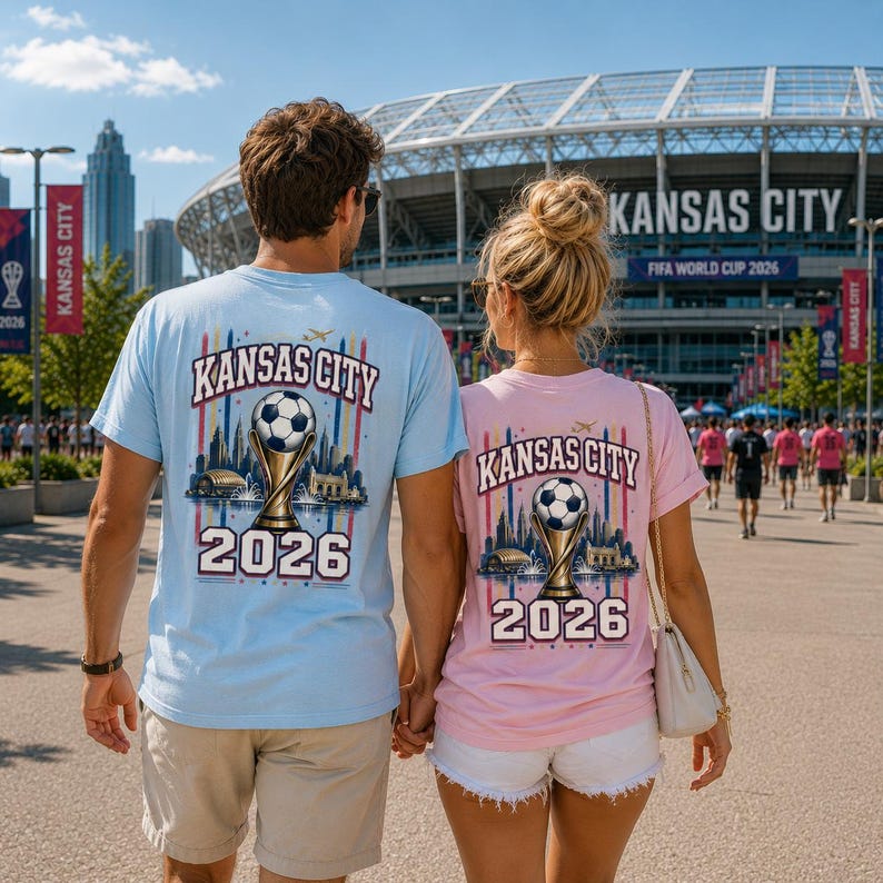 May include: A light blue t-shirt and a light pink t-shirt, both featuring a graphic on the back with the text Kansas City 2026, a football, a trophy, and a city skyline illustration. The shirts are worn by two individuals standing together.