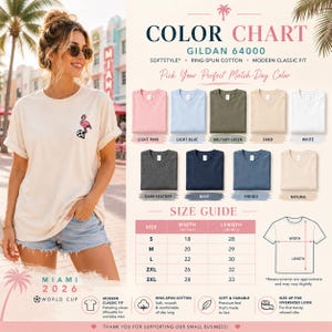 May include: A Gildan 64000 t-shirt colour chart featuring a cream shirt with a small flamingo and football graphic. The chart displays ten colour options, a size guide with width and length in cm, and icons detailing fabric and fit specifications.