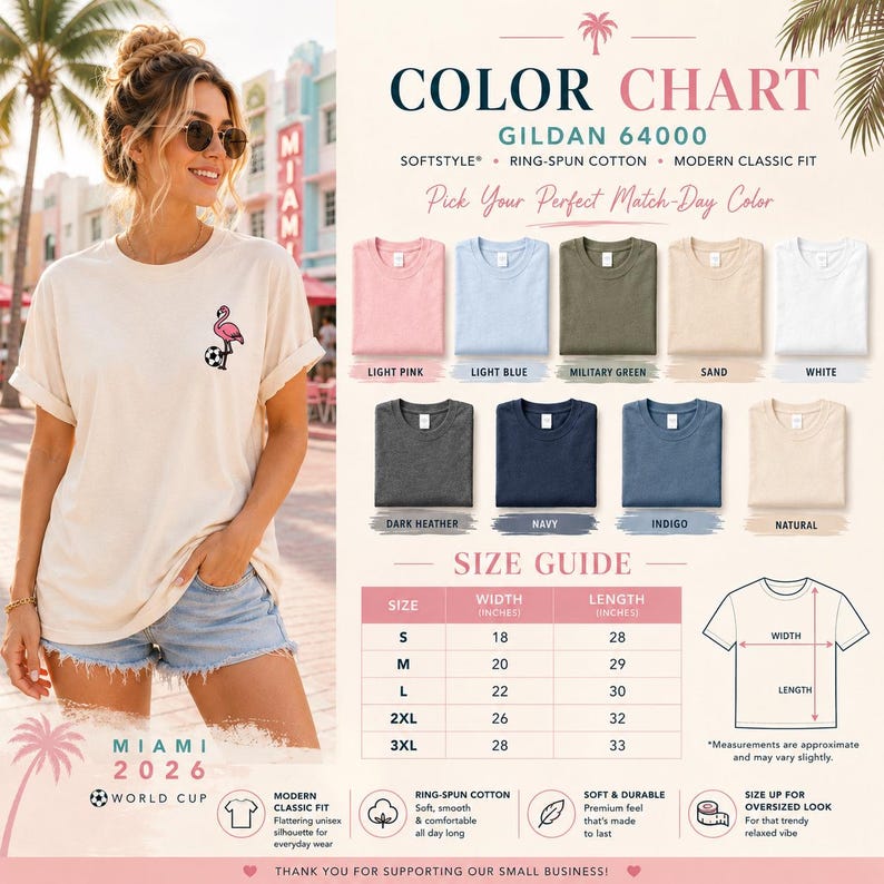 May include: A Gildan 64000 t-shirt colour chart featuring a cream shirt with a small flamingo and football graphic. The chart displays ten colour options, a size guide with width and length in cm, and icons detailing fabric and fit specifications.