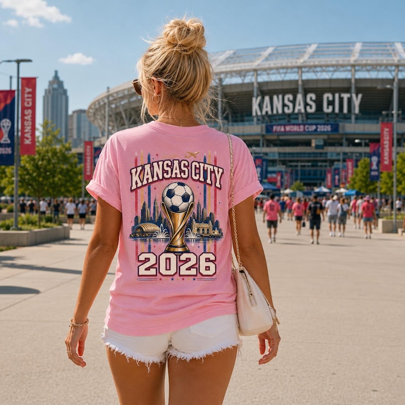 May include: A light pink t-shirt featuring a graphic on the back with the text KANSAS CITY 2026, a football atop a trophy, and a city skyline illustration. The shirt has short sleeves and is paired with white denim shorts.