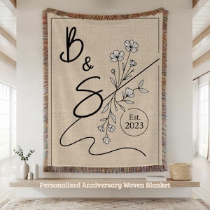 Couple Initials Woven Blanket, Cotton Anniversary Gift with Date, Romantic Wedding Keepsake Throw for Husband Wife