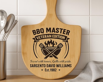 Custom Bamboo Pizza Board • Personalized Serving Paddle • Engraved Kitchen Gift for Dad Veterans Couples •Pizza Night Charcuterie Decor Gift