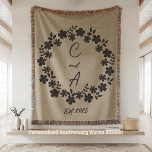 Personalized cotton anniversary blanket, second anniversary gift, wife gift, couple gift, initials, establishment date, wedding gift.