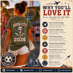 May include: An olive green t-shirt featuring a back graphic with the text Kansas City 2026, a football, and a trophy. The design includes vertical stripes and city silhouettes. The right side displays text detailing features like travel-inspired design.