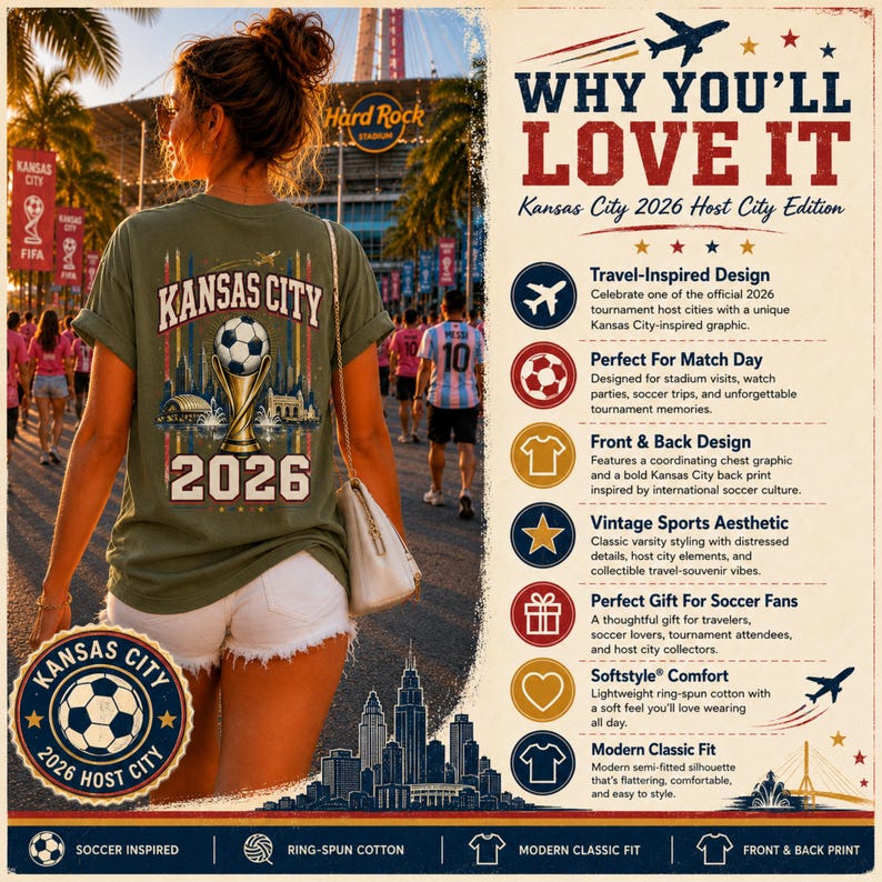May include: An olive green t-shirt featuring a back graphic with the text Kansas City 2026, a football, and a trophy. The design includes vertical stripes and city silhouettes. The right side displays text detailing features like travel-inspired design.