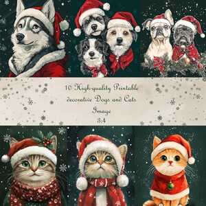 Weihnachtliches süßes Katzen- und Hunde-Designbild (10 JPG), Postkarte, Dekoration, Scrapbooking-Papier, Karte, druckbares Bild herunterladen