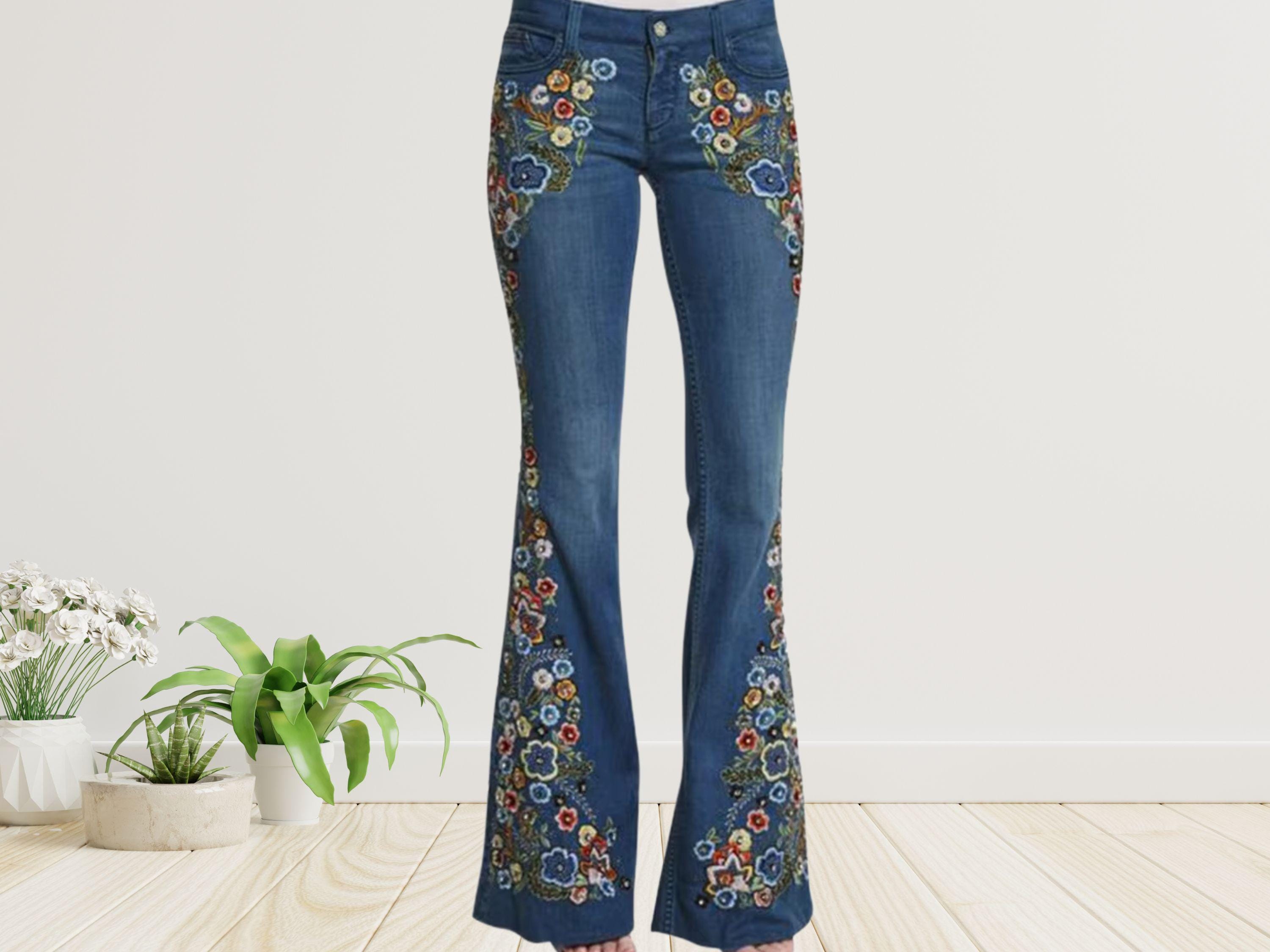 Floral Embroidered Flare Jeans, High Waist Stretch Denim - Etsy
