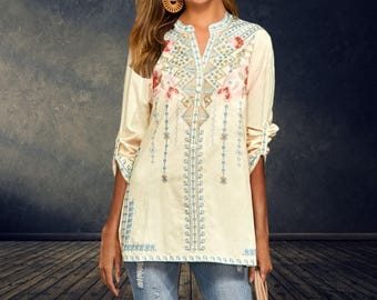 Boho Embroidered Blouse Women Mexican Floral Tunic Long Sleeve Top