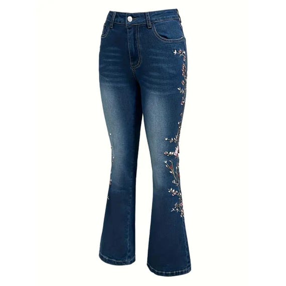 Women's Embroidered Bell Bottom Jeans - Stretch Flared Wide Leg Denim With Floral Design, Light Blue, Size 8