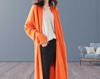 Merino Wool Cardigan, Long Knit Sweater, V-Neck, Open Front