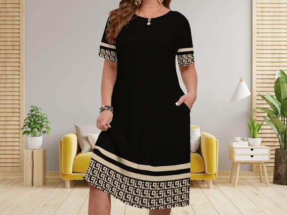 Black Midi T-shirt Dress: Greek Key Print, Plus Size With Pockets - Etsy  Canada