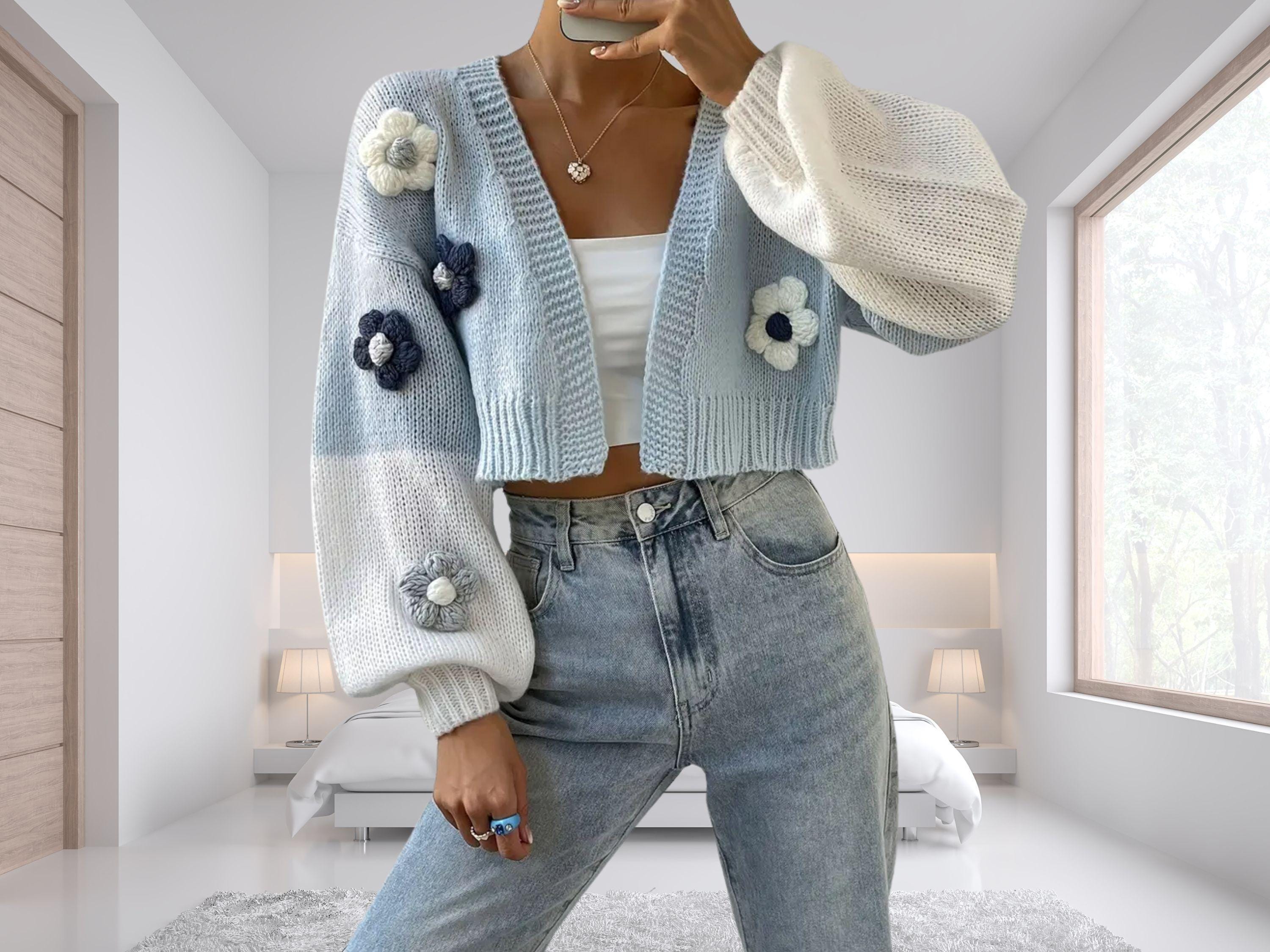 Flower Knit Cardigan - Etsy Flower Knit Cardigan - Etsy