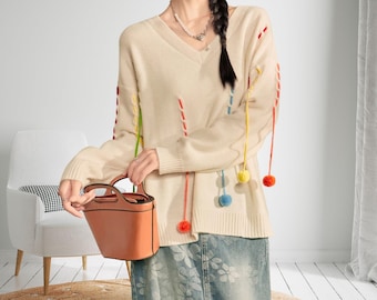 Women’s V-Neck Knit Sweater with Colorful Pom-Poms, Long Sleeve Casual Loose Fit Pullover