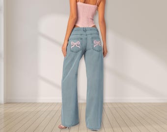 Embroidered Bow Jeans: High Waist Slim Fit Denim