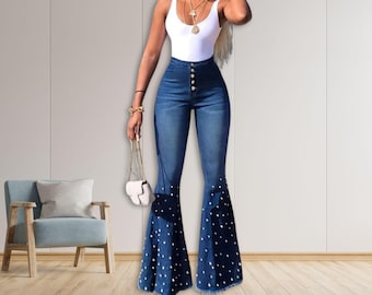 High Waist Bell Bottom Jeans: Tassel Button Fly Denim Flare Pants