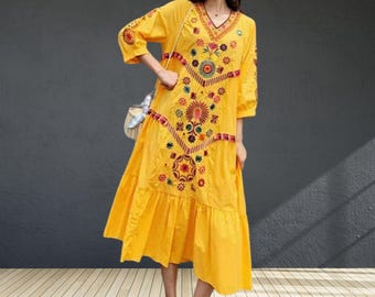 Boho Embroidered Cotton Linen Dress: Floral Spring Summer Maxi