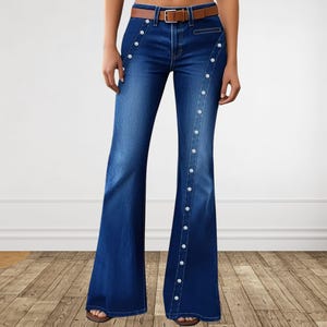 Plus Size Flare Jeans for Women, High Waist Vintage Blue Denim, Retro Style with Stretch Fit, multiple Button, Long Skinny Flared Legs