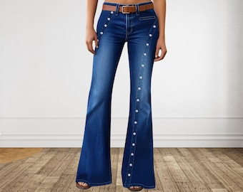 Plus Size Flare Jeans: High Waist Vintage Blue Denim with Buttons