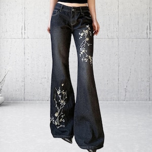 Y2K Floral Embroidered Flared Jeans: Low Waist Denim Trousers