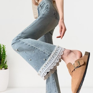 High Waisted Beaded Lace Flare Jeans: Vintage Boho Bell Bottoms