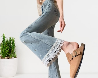High Waisted Beaded Lace Flare Jeans: Vintage Boho Bell Bottoms